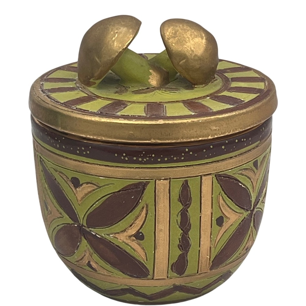 Ed Langbein Pottery MCM Trinket Box Green Brown Geometric Mushroom Italy READ